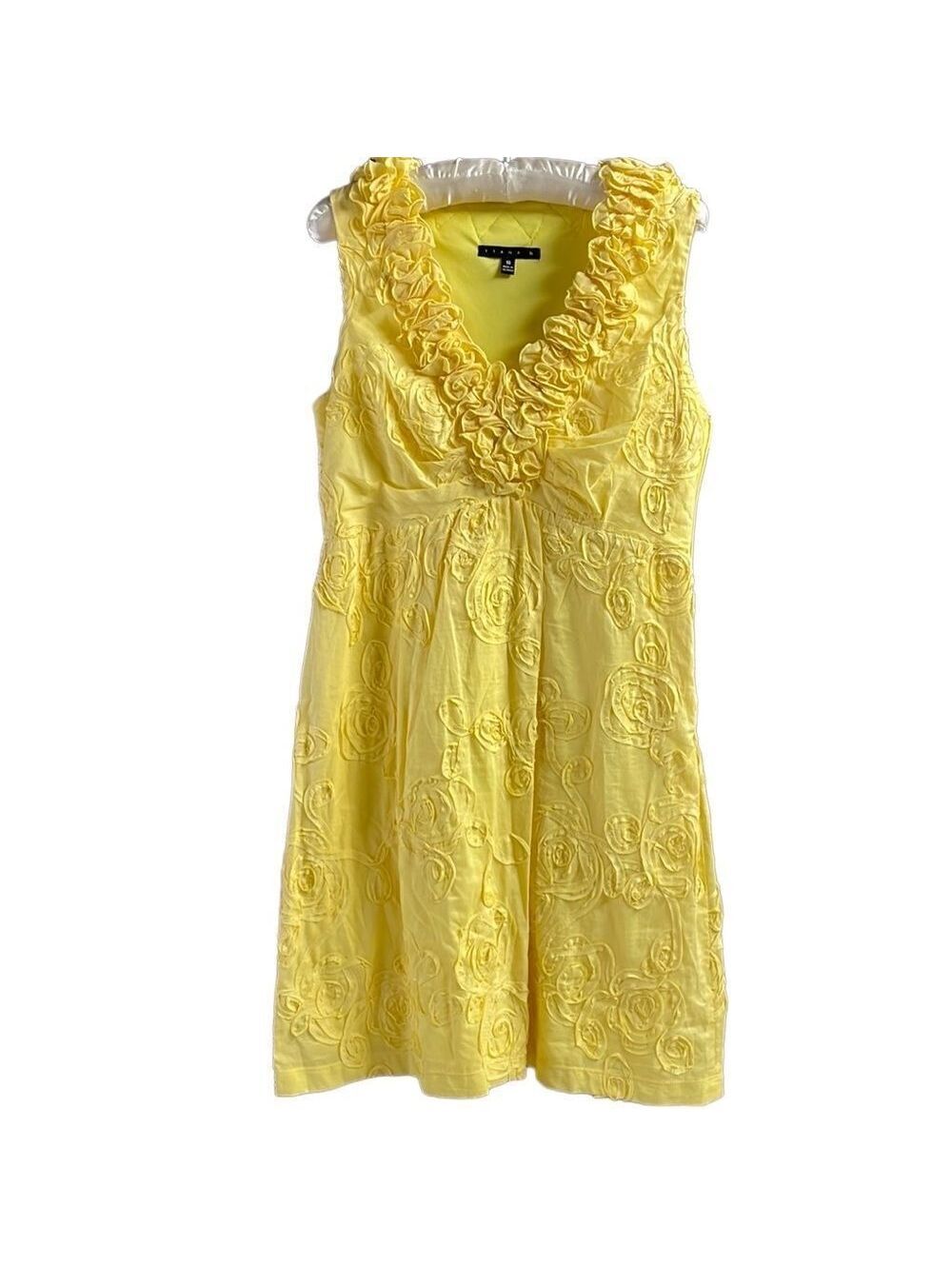 Tiana B Size 10 Yellow Floral Sleeveless Ruffle Neck Dress Cottagecore